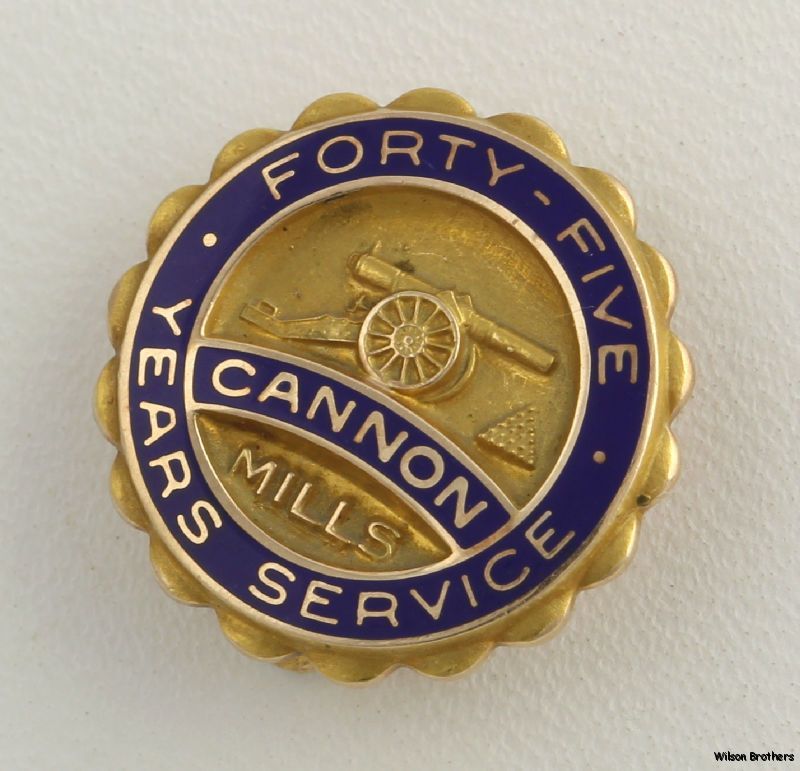 Cannon Mills 45 Years Service Badge   10k Yellow Gold Blue Enamel
