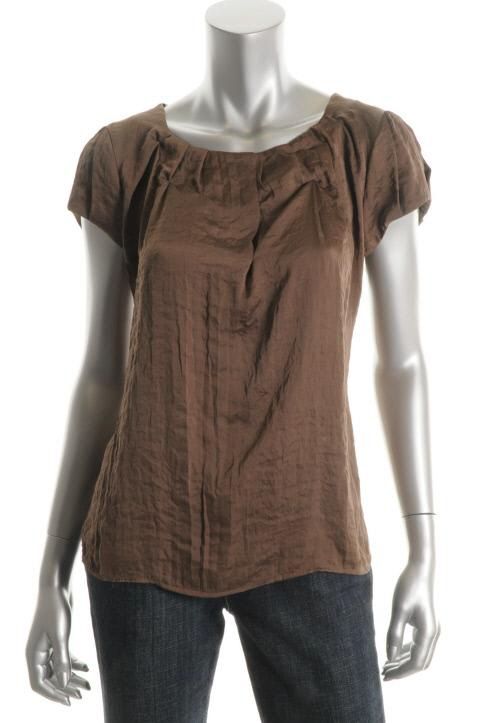 Sunny Leigh New Satin Brown Short Sleeve Crafted Neck Blouse L BHFO