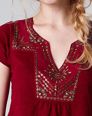 Lucky Brand Women Veronica Beaded Vintage Style Burgundy Top Shirt