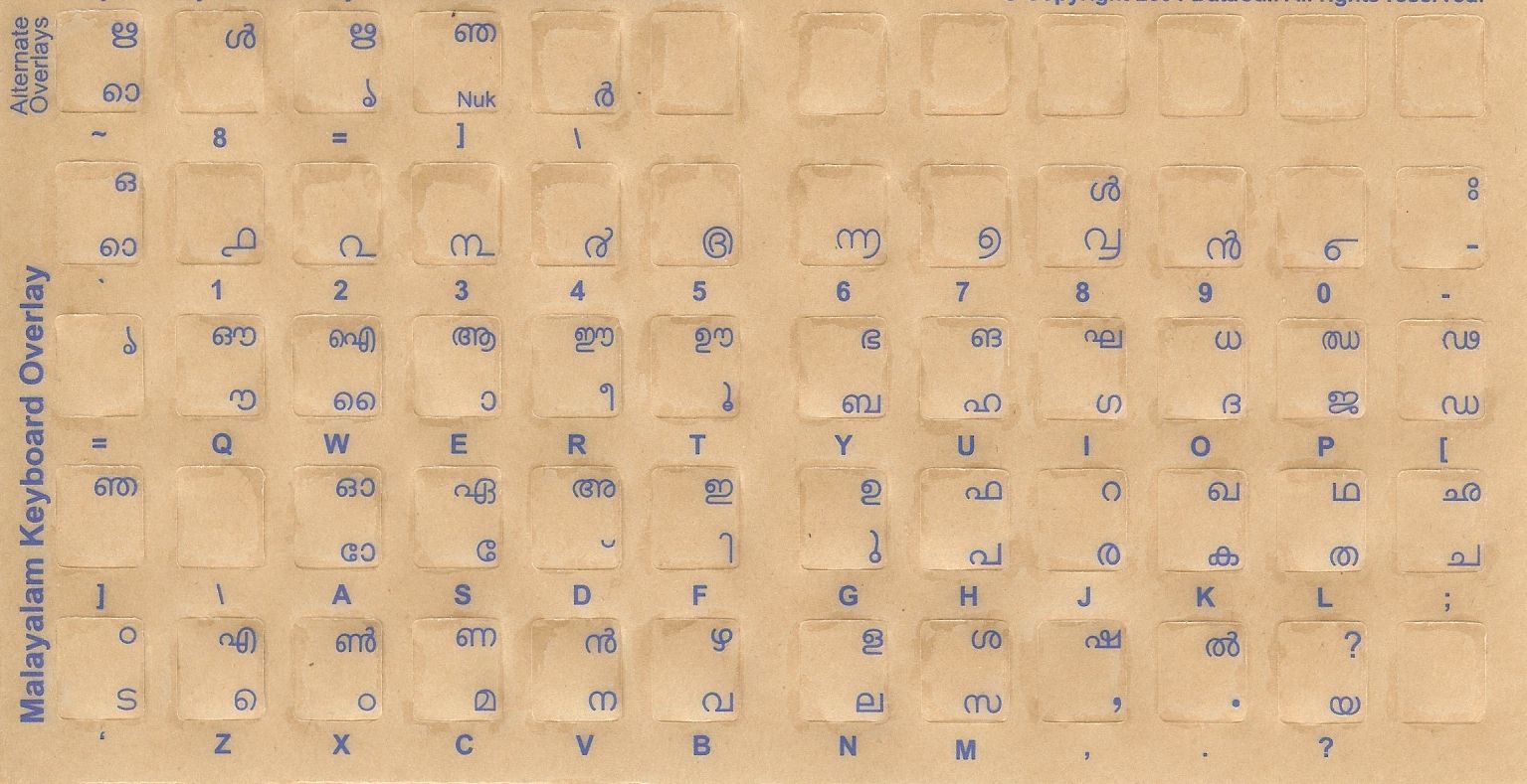 Malayalam Keyboard Stickers Blue Letters Reverse Print