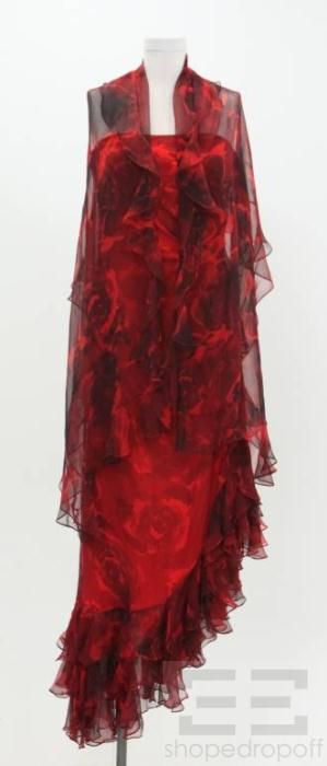 Melinda Eng Red Black Rose Print Silk Chiffon Evening Dress Shawl Size