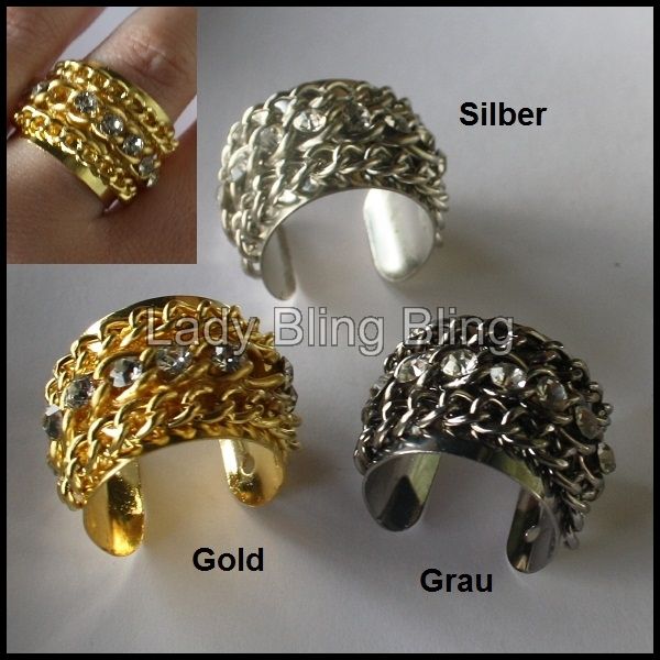 Ring Fingerring Kettchen Strass 3 Farben Silber Gold Grau verstellbar