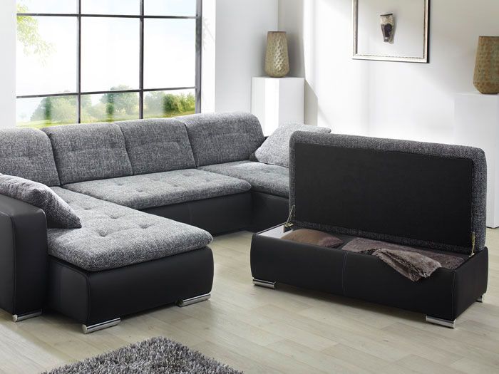 Wohnlandschaft mit Hocker Ferun 365x220/185cm, anthrazit schwarz Sofa