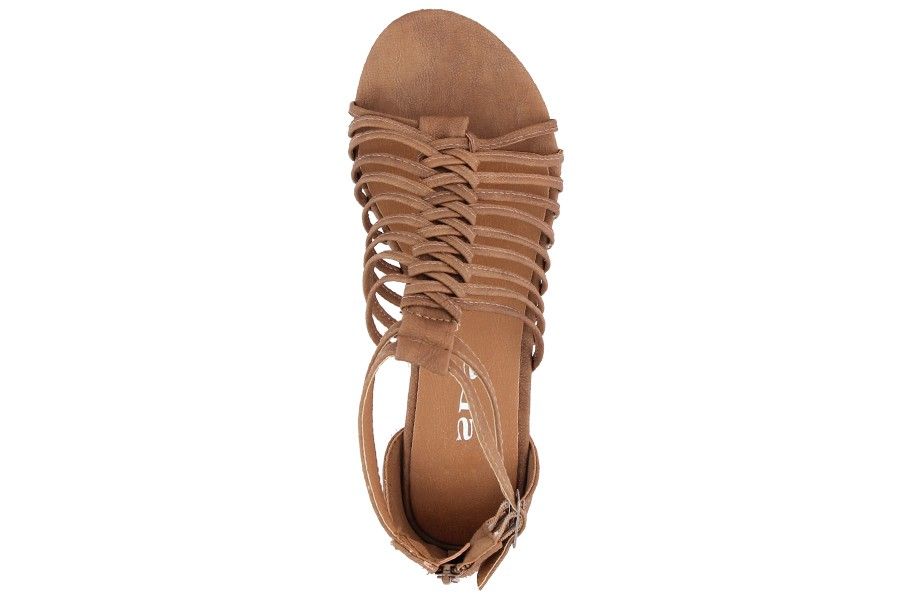 Riemchen Sandale Römer Stil Camel 2 cm Keilabsatz Designer Damenschuh